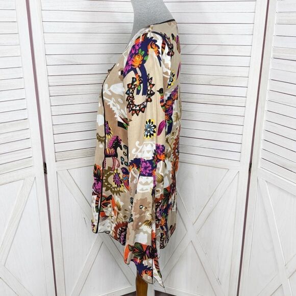 Mystery Mexican Print Smocked Top Bell Sleeve Tunic Shirt Tan Multi Medium - Picture 2 of 13